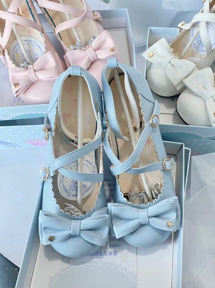 Decor Scalloped Sweet Blue Design - Bow Round-toe Lolita Heels Low