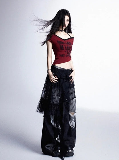 Glamorous Accessory with Hem Strap Black Lace Asymmetrical Self-tie