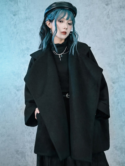 Cape Placket Banded Black Gothic Coat Button - Embroidery Collar Goldfish Single-breasted