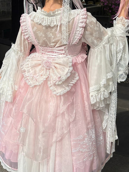 Pink & White Chinoiserie Floral Lace Blouse for Inner or Outer Wear - Flower Banquet