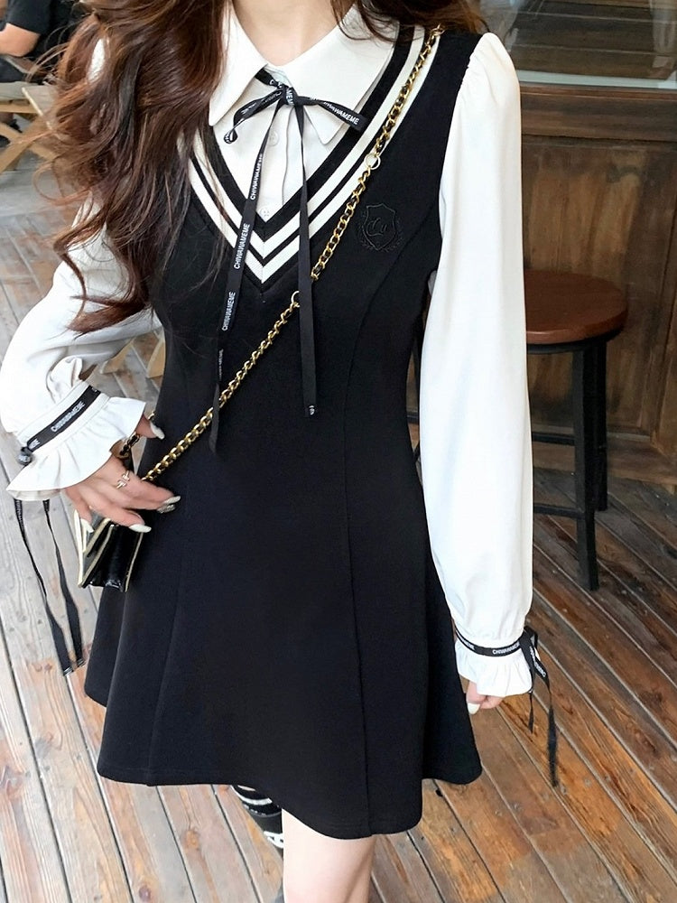Black Fake Two Piece Polo Collar Dress with Bow - Qchiwawameme