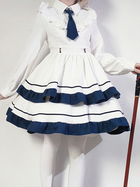 Weiß-blaues Stufenkleid mit Hemdkragen, Rüschenbesatz und Krawatte