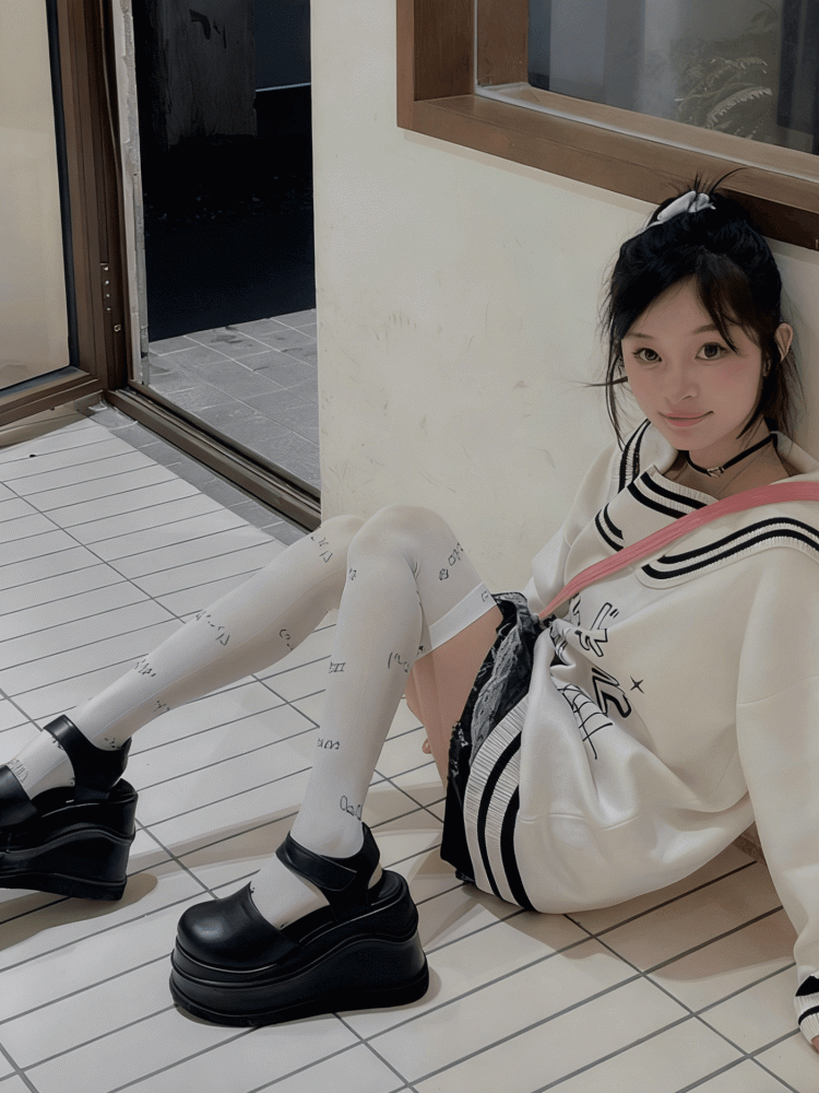 Print Stockings Cute Kaomoji Blue/Black