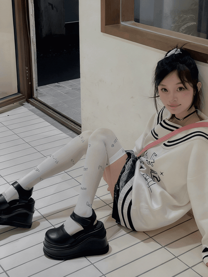 Print Stockings Cute Kaomoji Blue/Black