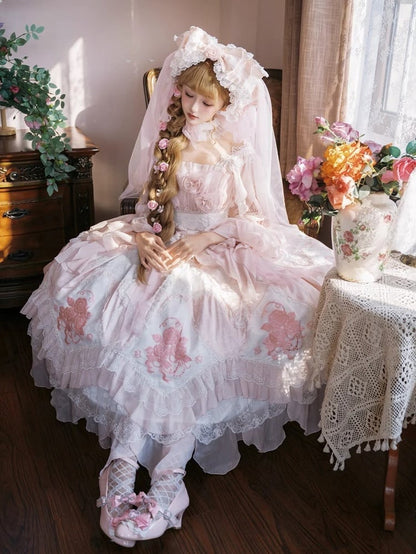 Ruffles Hanayome Light Dress Pink Version Accents with Layered Flowing JSK Lolita Rose Long
