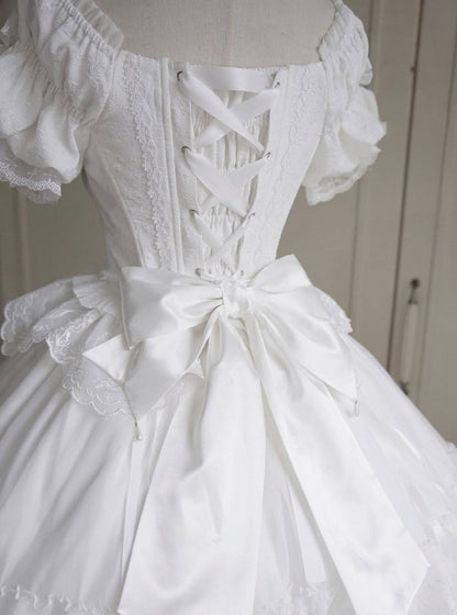 White Top Sleeves Lace Lolita Neckline Puff Details Boned Corset Illusion and Classic with Elegant Embroidery