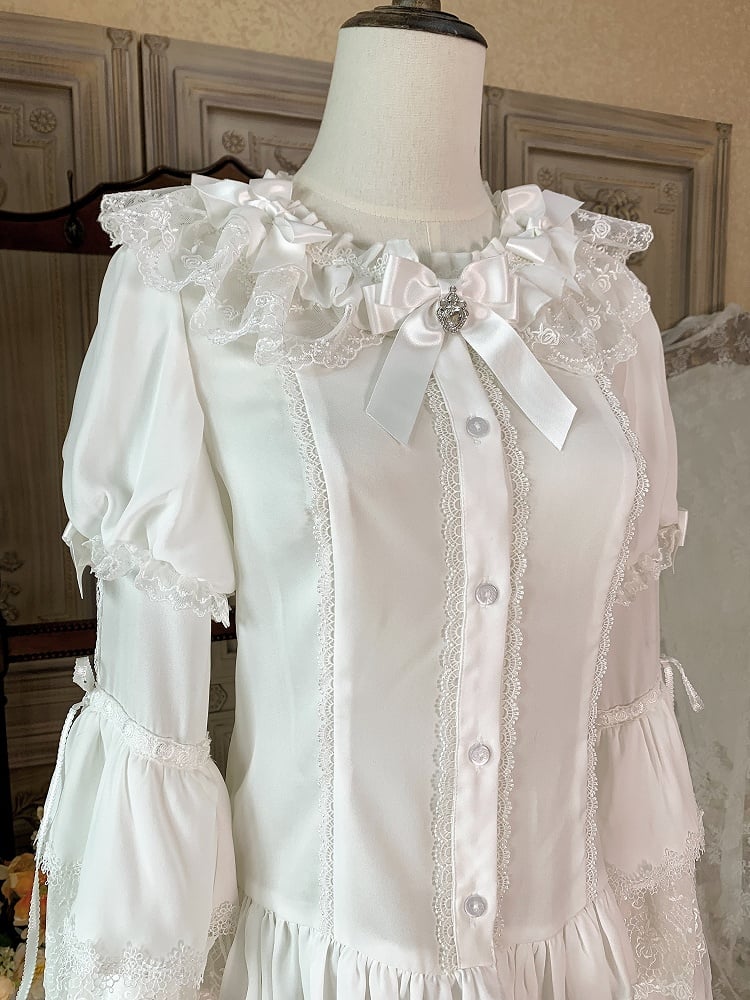 Ruffle Bell White Adorned Neckline Sleeves Bowknots Blouse
