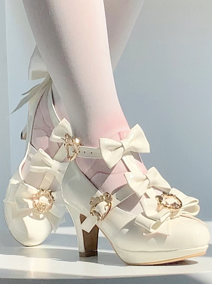 Jane Mary White Heel with 7cm Shoes Hime Bow Accents Lolita Pointed-toe