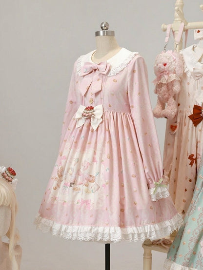 Pink Peter Pan Collar Bear & Cake Print Long-Sleeve OP Dress - Honey Village