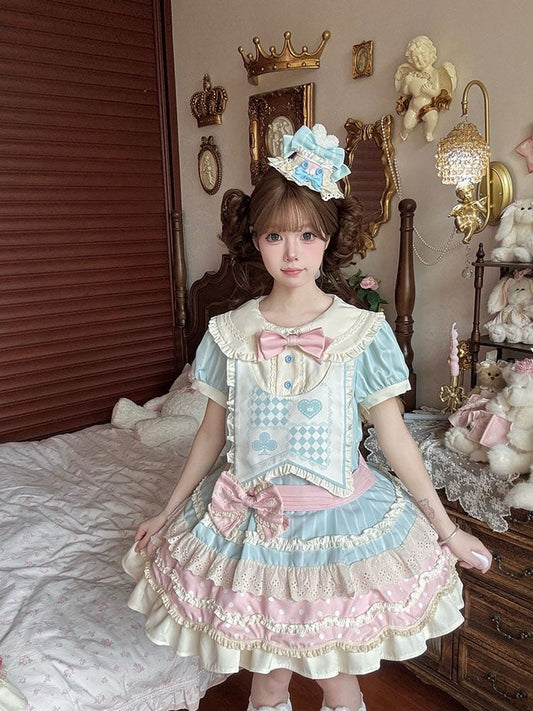 + Lace Pan Set Polka-dot Lolita JSK Dress Blue Trim Peter Kawaii Collar Bloomers