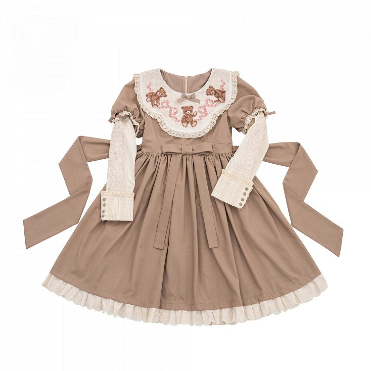 Sweet Dresswith Coffee Teddy Lolita Puff Embroidered Bear Neckline Sleeves Trim Lace