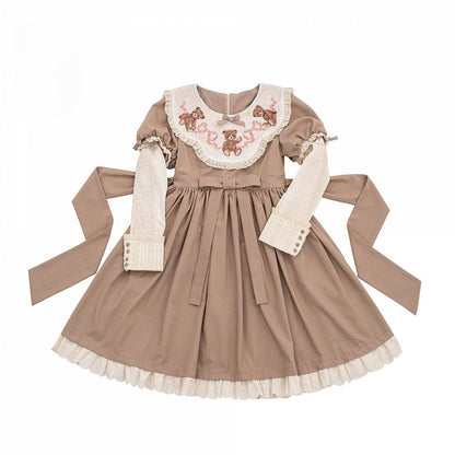 Sweet Dresswith Coffee Teddy Lolita Puff Embroidered Bear Neckline Sleeves Trim Lace