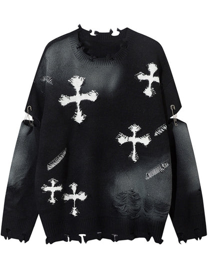 Y2K ブラック/グレー クロスシェイプ ダメージ加工 ホールズ ラウンドネック セーター