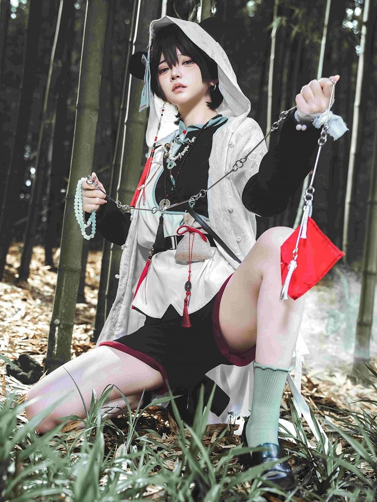 Mantel Panda Weiß Blatt Jacquard Kapuze Ohren Bambus