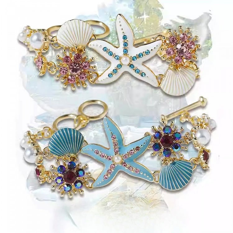 4 Muschel Y2K Seestern Armband/Halskette Bittersüße Optionen Strass verziert und