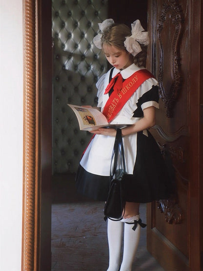 + Sleeves Full Pleated Ribbon Black with Tie Embroidered Dress Apron Short Maid Red Bow Lolita Set