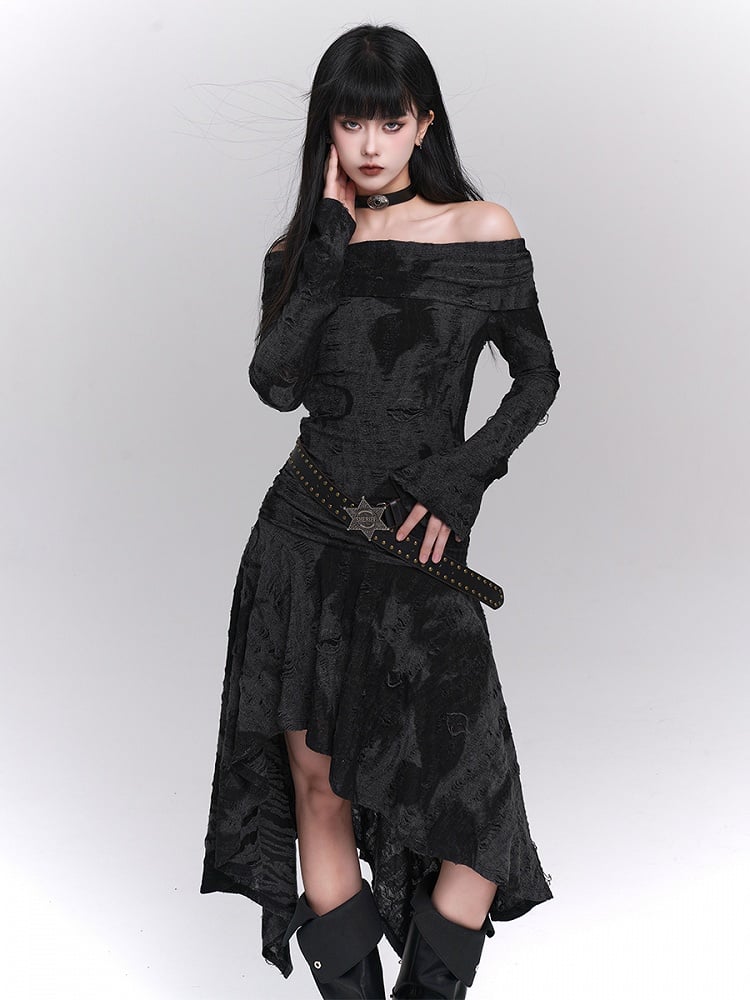 Hem Black Off-Shoulder with Bell Sleeves Dress Gothic Asymmetric Gray