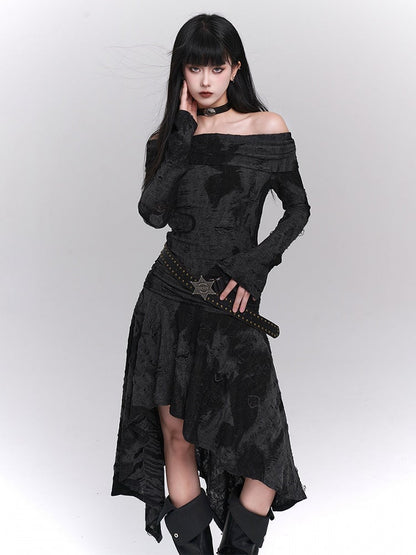 Hem Black Off-Shoulder with Bell Sleeves Dress Gothic Asymmetric Gray