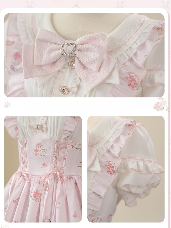 Lace-up Design Sweet Pleating Kei Details Print Pink Cat Jirai