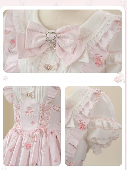 Lace-up Design Sweet Pleating Kei Details Print Pink Cat Jirai