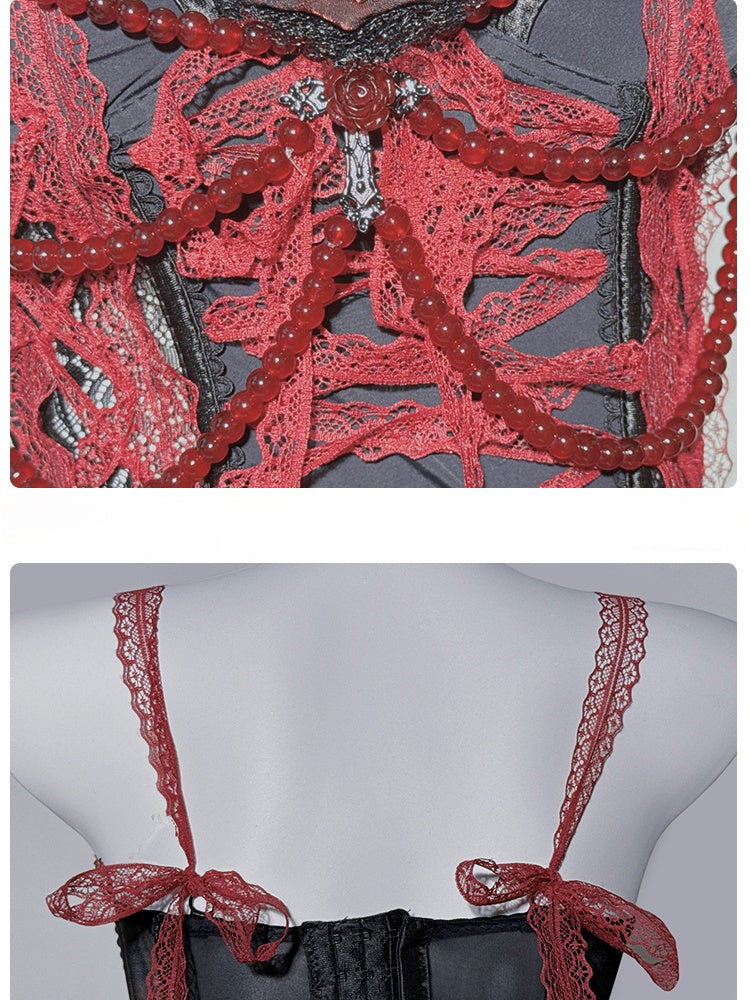 Gothic Red&Black Lace Trim Rosette Beaded Chain Corset Cami Top