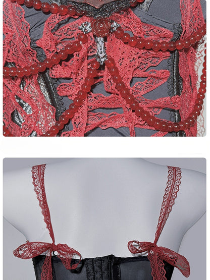 Gothic Red&Black Lace Trim Rosette Beaded Chain Corset Cami Top