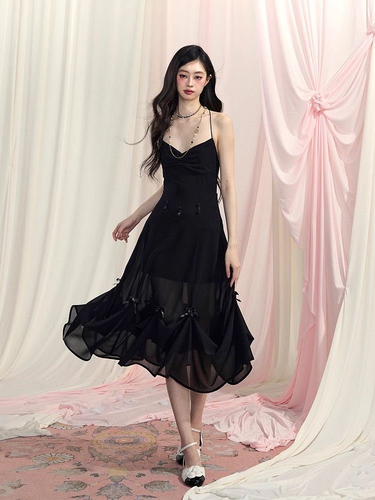 Black Halter Neck Dress Slip Ways Accents Two V-Neck Bowknot Chiffon Wear Backless