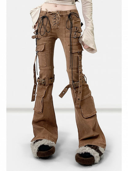 Wasteland Silhouette Flare Schnürjeans Punk Detail Braun Kaffee