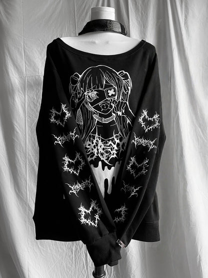 Dark Sweatshirt Style Jirai Kei Girl Oversized Printed