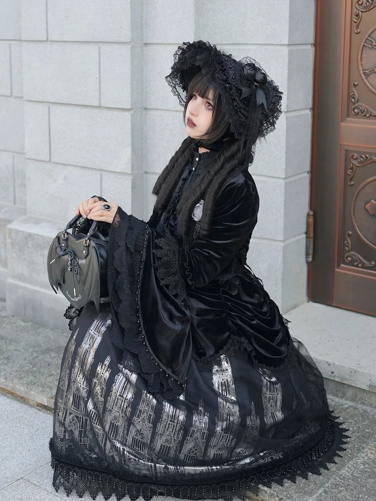 Top Placket Cropped Velvet Black Lolita Ruffled Ouji Gothic