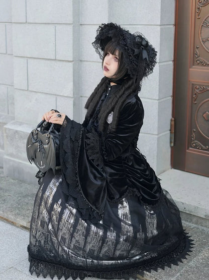 Top Placket Cropped Velvet Black Lolita Ruffled Ouji Gothic