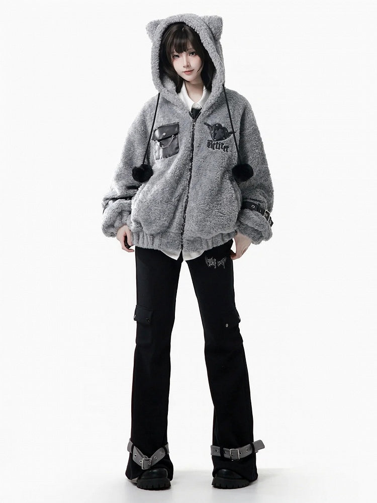Hooded Pompon Ear Charm Jacket - Grey Plush Kitty