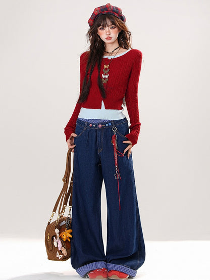 Rot/Schwarz/Grau Fake Zweiteiler Slim Fit Stricktop