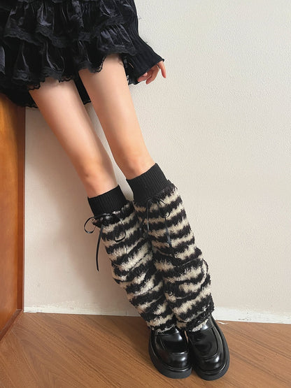 Black Bows Warm Fuzzy Pattern Leg Beige Warmers Y2K Striped with