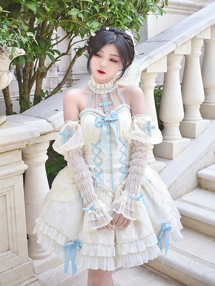 Cross Belle Beige und Blau Neckholder Korsettkleid Balletcore Lolita JSK