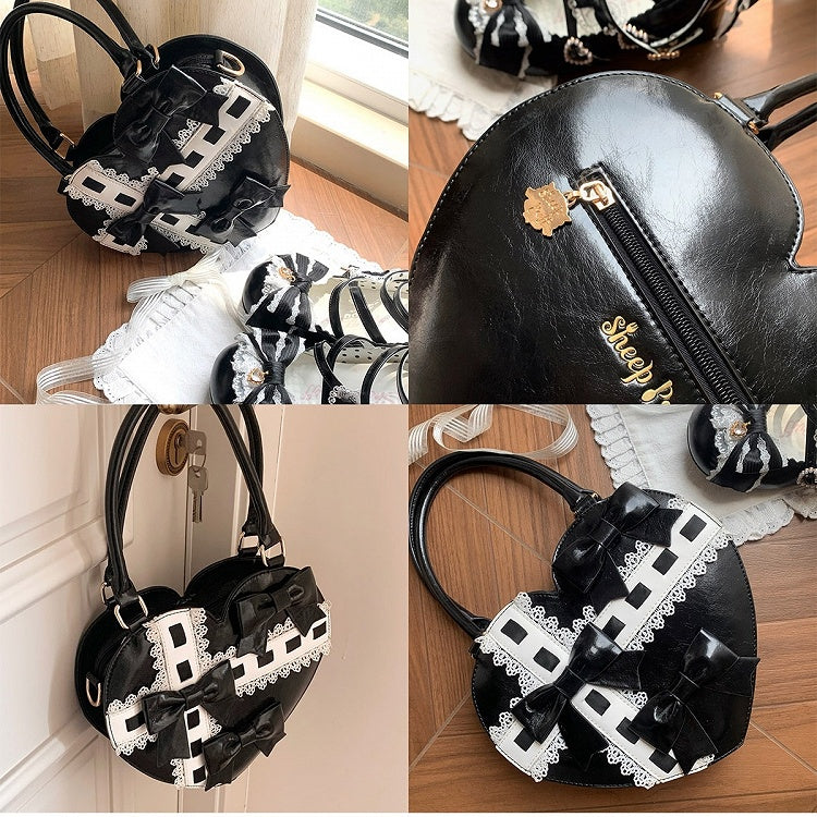 PU Hem Bow Sweet Straps Heart-shaped Hand Accents Bag Black Scalloped - Lolita