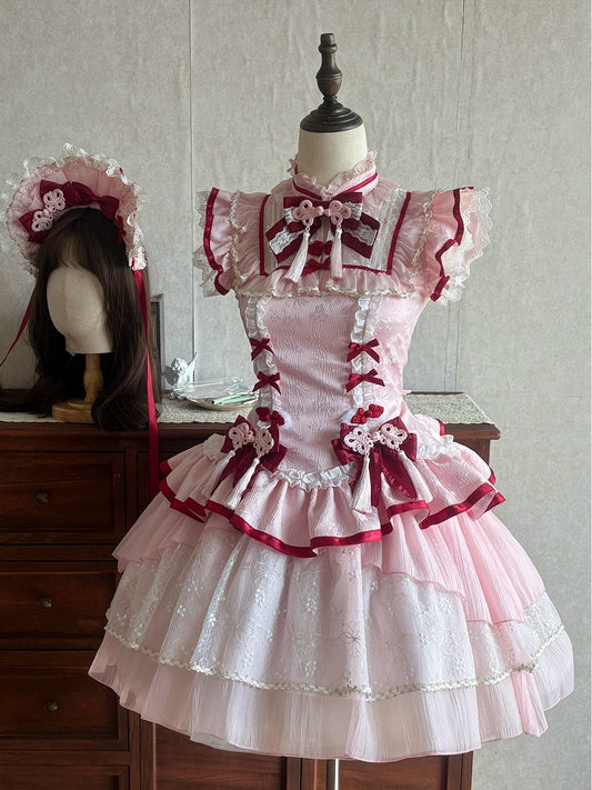 Qi Lolita Froschknopf Cheongsam Kragenkleid Details Stil Quaste Rosa