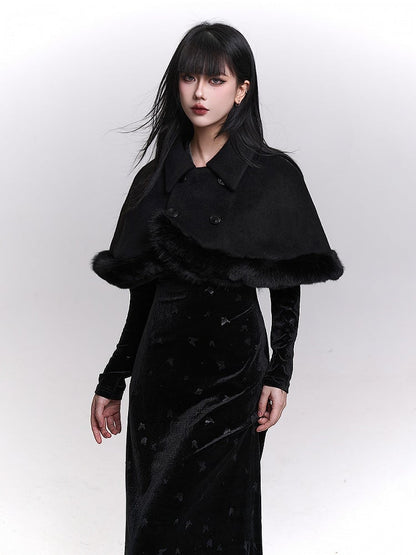 Black Double-Breasted Cape with Plush Trim