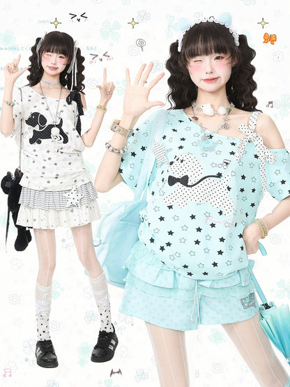 Blue Asymmetric Tee with Star Print & Puppy Patch - Languid Park