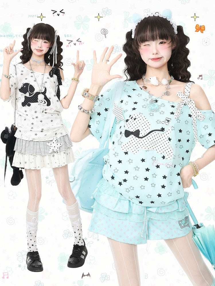 White Asymmetric Tee with Star Motif & Puppy Emblem - Languid Park