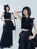 Black Cotton Sleeveless Top with Metal Frog Closure - Feng Hua Gui Guo Ling