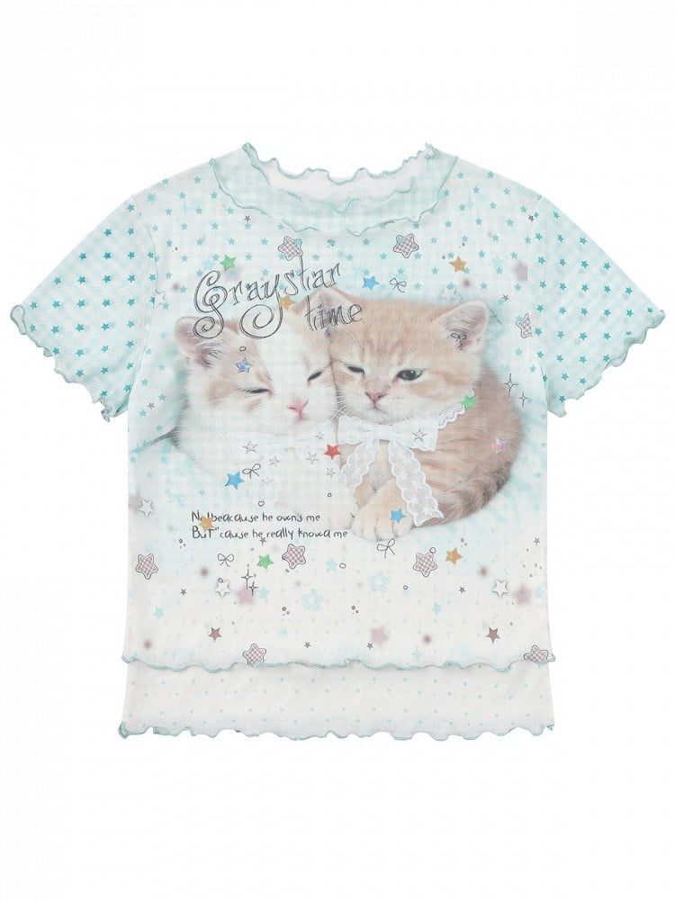 Green Mesh T-Shirt with Kitty and Star Print - Languid Park