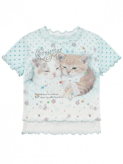 Green Mesh T-Shirt with Kitty and Star Print - Languid Park