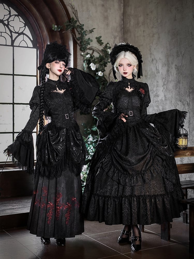 Black Gothic Butterfly Corset Set | Corset Top + Horse-face Skirt + Bolero + Waist Drapery + Brooch | With PUJI