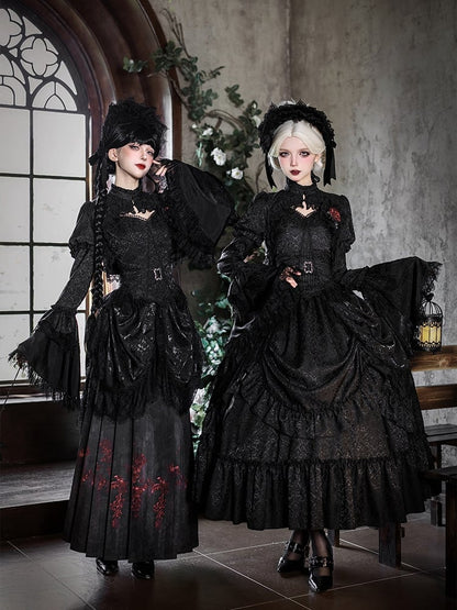 Lolita Drapery Bolero Top Waist + Black Corset Drawstring Brooch Gothic Long Skirt