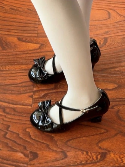 Wedges 6cm Snap Polished Accents Heart Fastener with Elegant Heeled Black Lolita Bow
