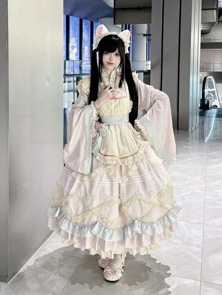 Hanfu-Inspired Lolita Top Set with Long Ruffle Skirt & Apron in Pink Blue - Berry Story Lolita