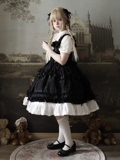 Dark Checkered Multi-Tier Bow Lolita Jumperdress