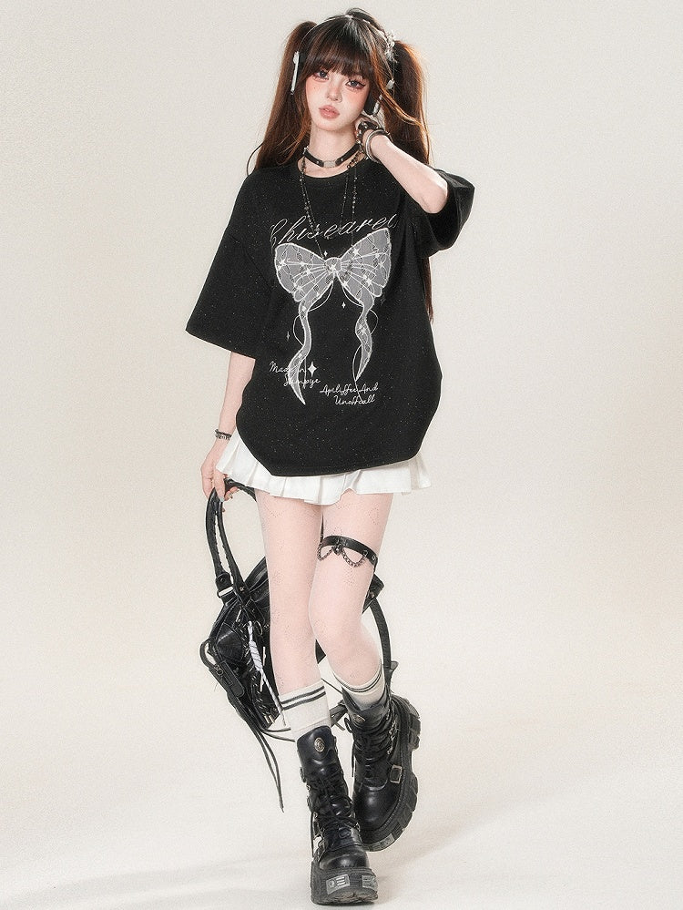 かわいいTシャツプリントアップリケとデイリーレターボウスタービッグホワイト/ブラック