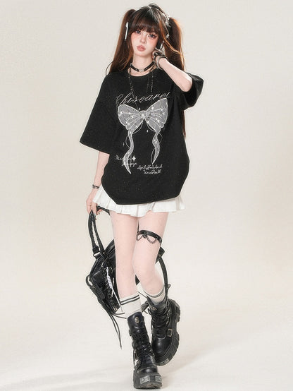 かわいいTシャツプリントアップリケとデイリーレターボウスタービッグホワイト/ブラック